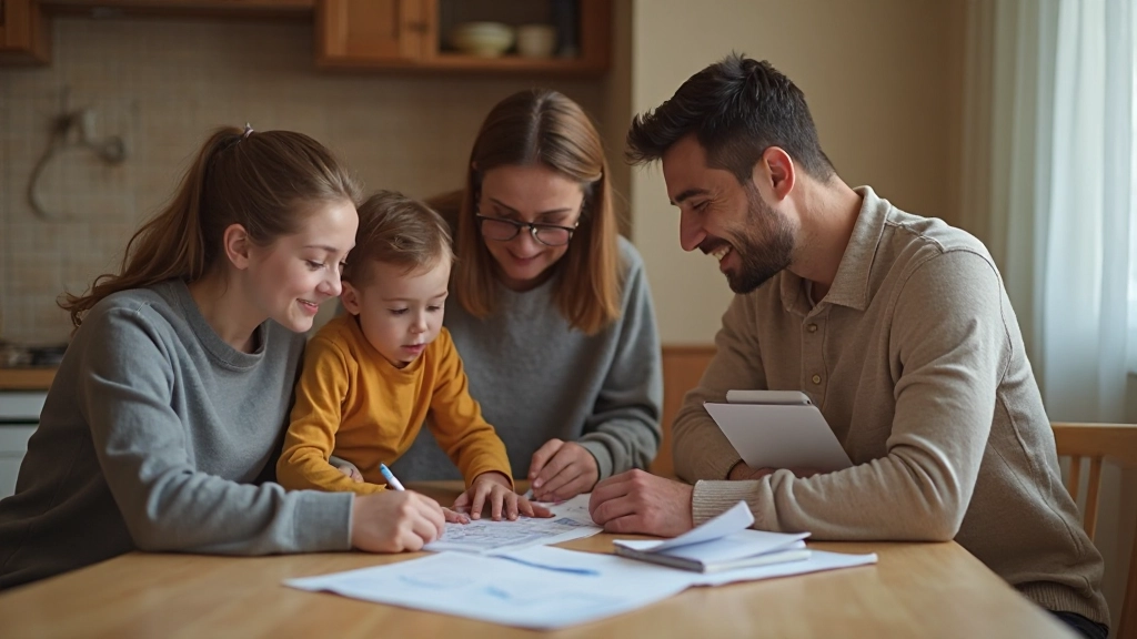 Профессиональное фото семьи, обсуждающей финансовый план за столом с ноутбуком и документами