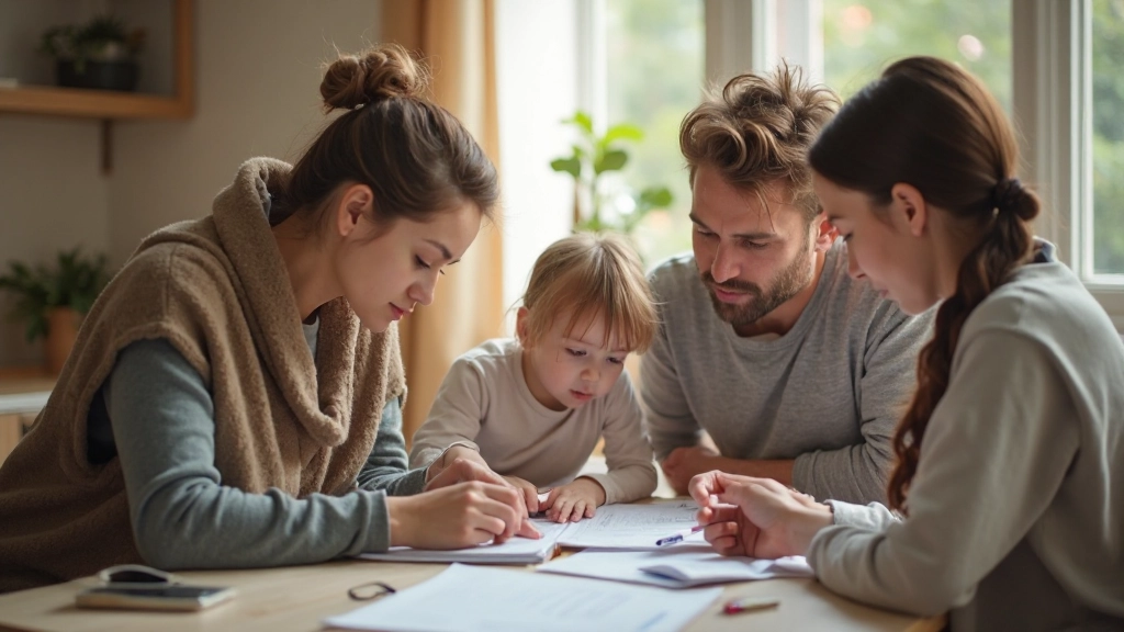 Семья обсуждает семейный бюджет за столом с финансовыми документами