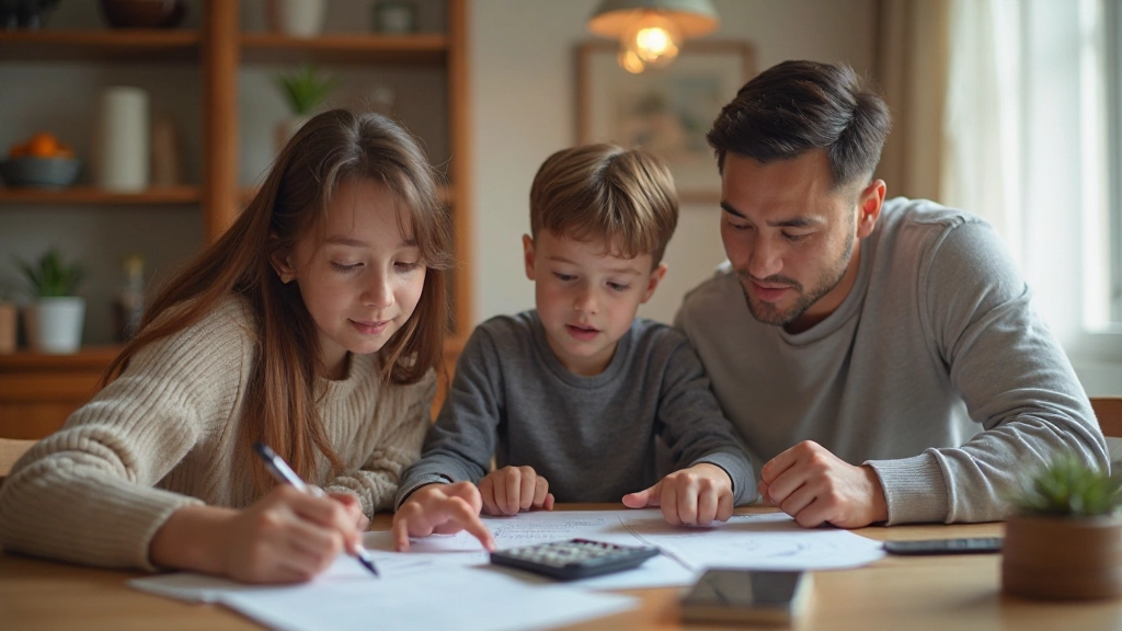 Семья планирует домашний бюджет за столом с документами и калькулятором