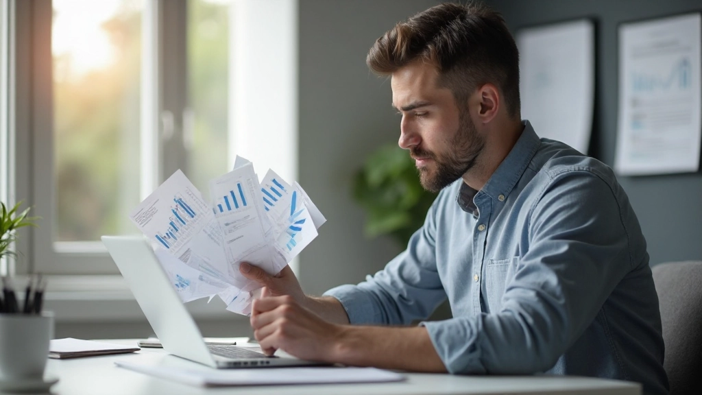 Молодой человек анализирует графики сбережений и инвестиций на ноутбуке