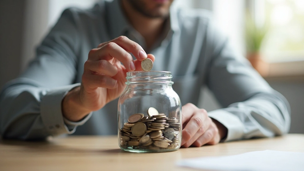 Молодой человек откладывает деньги в стеклянную банку с монетами, сидя за письменным столом