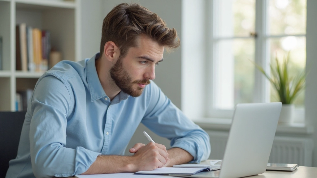 Профессиональная фотография молодого человека, обучающегося финансовому планированию с помощью онлайн-курса